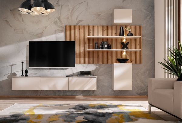 Wohnwand Laelia in Sand matt und Artisan Eiche 280 cm Schrankwand inklusive LED Beleuchtung, Push-to-Open
