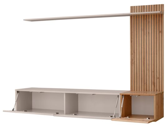 Wohnwand Madina Kaschmir / Sand und Eiche Leistenoptik, Schrankwand h�ngend 180 cm mit Push-to-Open
