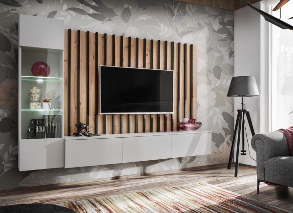 Wohnwand Pearl in grau und Artisan Eiche Schrankwand 220 cm inklusive LED Beleuchtung, Push-to-Open