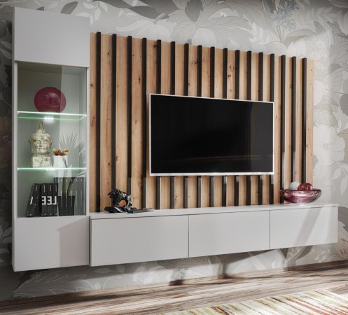 Wohnwand Pearl in grau und Artisan Eiche Schrankwand 220 cm inklusive LED Beleuchtung, Push-to-Open