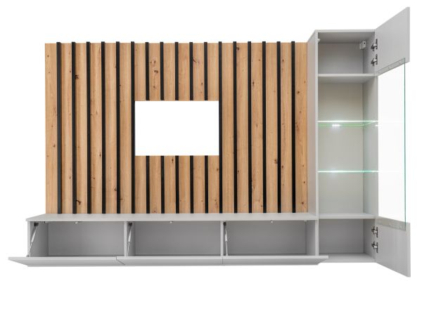 Wohnwand Pearl in grau und Artisan Eiche Schrankwand 220 cm inklusive LED Beleuchtung, Push-to-Open