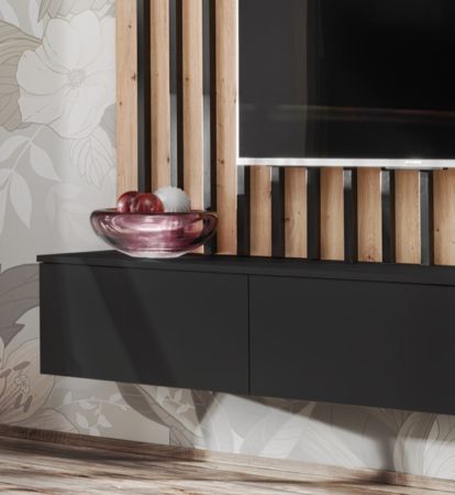 Wohnwand Pearl in schwarz und Artisan Eiche Schrankwand 220 cm inklusive LED Beleuchtung, Push-to-Open