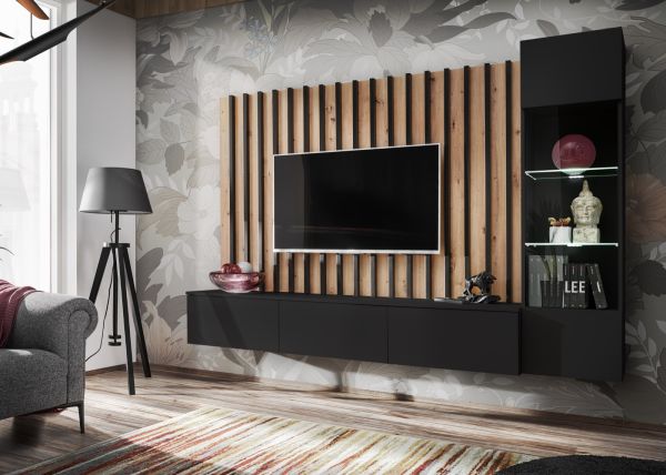 Wohnwand Pearl in schwarz und Artisan Eiche Schrankwand 220 cm inklusive LED Beleuchtung, Push-to-Open