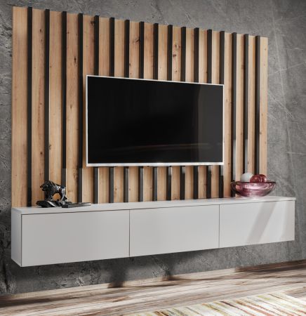 TV-Lowboard Set Pearl in grau und Artisan Eiche TV Unterteil mit Akustikpaneele 180 cm, Push-to-Open