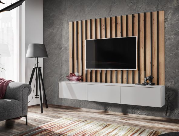 TV-Lowboard Set Pearl in grau und Artisan Eiche TV Unterteil mit Akustikpaneele 180 cm, Push-to-Open