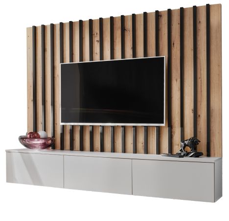 TV-Lowboard Set Pearl in grau und Artisan Eiche TV Unterteil mit Akustikpaneele 180 cm, Push-to-Open
