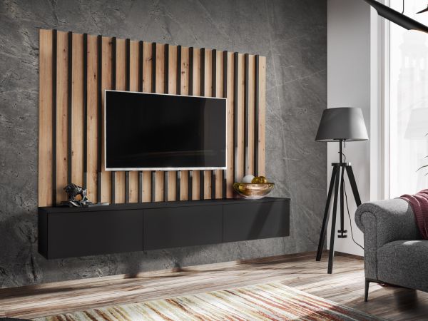 TV-Lowboard Set Pearl in schwarz und Artisan Eiche TV Unterteil mit Akustikpaneele 180 cm, Push-to-Open