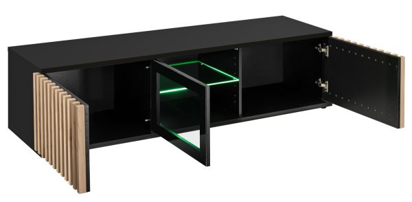 Wohnwand Morgan in schwarz und Jackson Eiche Schrankwand mit 3D-Lamellen inkl. LED