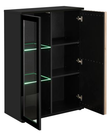 Vitrine Morgan in schwarz und Jackson Eiche Highboard mit 3D-Lamellen inkl. LED