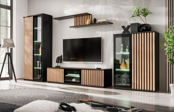 TV-Lowboard Morgan in schwarz und Jackson Eiche TV Unterteil mit 3D-Lamellen inkl. LED 163 cm