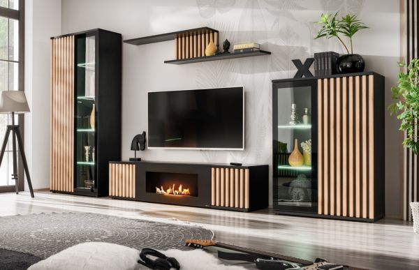 Wandboard Morgan in schwarz und Jackson Eiche Wandregal mit 3D-Lamellen 162 cm