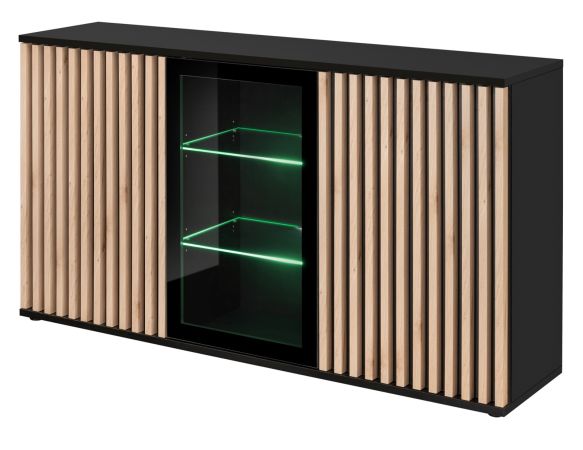Sideboard Morgan in schwarz und Jackson Eiche Kommode mit 3D-Lamellen inkl. LED