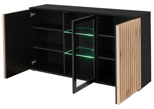 Sideboard Morgan in schwarz und Jackson Eiche Kommode mit 3D-Lamellen inkl. LED