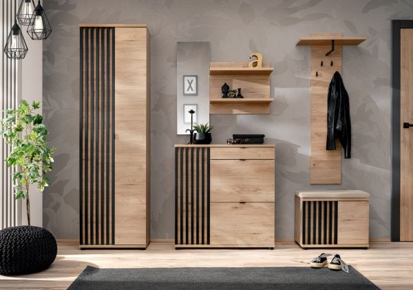 Garderobe Sitzbank Collin in Jackson Eiche und schwarz Garderobenbank mit 3-D Lamellen 60 cm