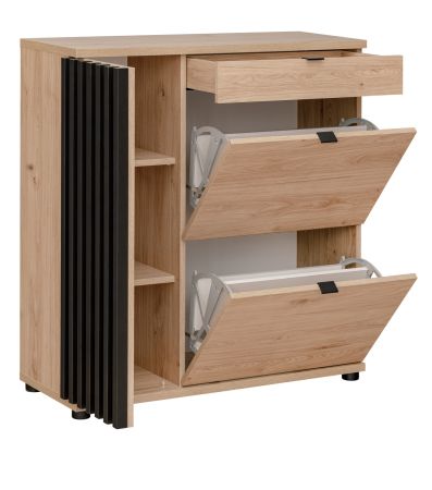 Schuhschrank Collin in Jackson Eiche und schwarz Schuhkipper mit 3-D Lamellen 90 cm
