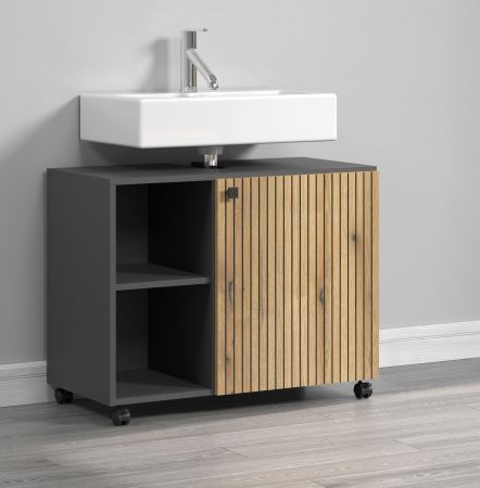 Waschbeckenunterschrank Feliz in Evoke Eiche und grau Badschrank auf Rollen 80 cm