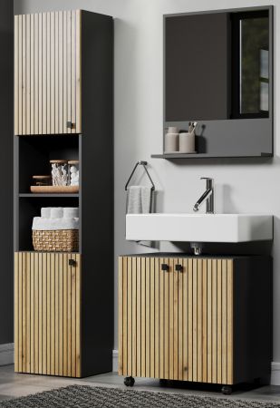 Badezimmer Spiegel Feliz in Grau, Wandspiegel mit Ablage 60 x 74 cm