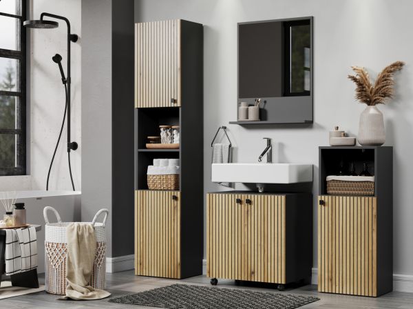 Badezimmer Kommode Feliz in Evoke Eiche und Grau, Badschrank 40 x 95 cm