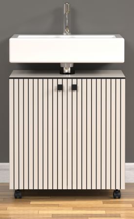 Waschbeckenunterschrank Feliz in Kaschmir Grau mit Leistenoptik, Badschrank 60 cm auf Rollen