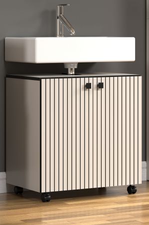 Waschbeckenunterschrank Feliz in Kaschmir Grau mit Leistenoptik, Badschrank 60 cm auf Rollen