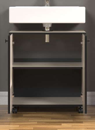 Waschbeckenunterschrank Feliz in Kaschmir Grau mit Leistenoptik, Badschrank 60 cm auf Rollen
