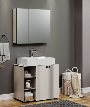 Badezimmer Spiegelschrank Feliz in Kaschmir Grau, Badschrank 3-t�rig 90 x 80 cm