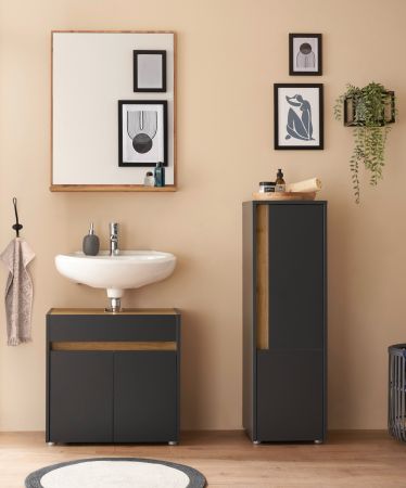 Waschbeckenunterschrank Center in grau matt und Wotan Eiche Badezimmer Unterschrank 60 cm