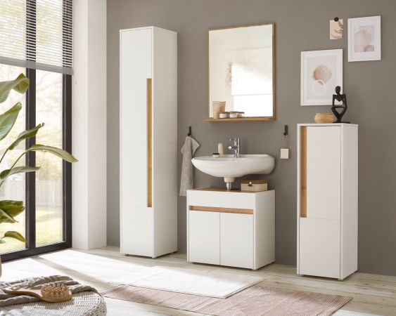 Badezimmer Hochschrank Center in wei� und Wotan Eiche Badschrank 34 x 200 cm