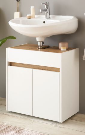 Waschbeckenunterschrank Center in wei� und Wotan Eiche Badezimmer Unterschrank 60 cm