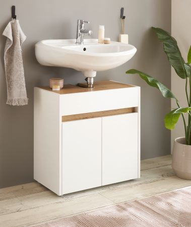 Waschbeckenunterschrank Center in wei� und Wotan Eiche Badezimmer Unterschrank 60 cm