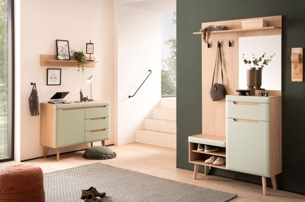 Garderobe Set 3-teilig Isgard in Pistazie matt und Scandi Eiche Garderobenkombination skandinavisch 227 x 197 cm