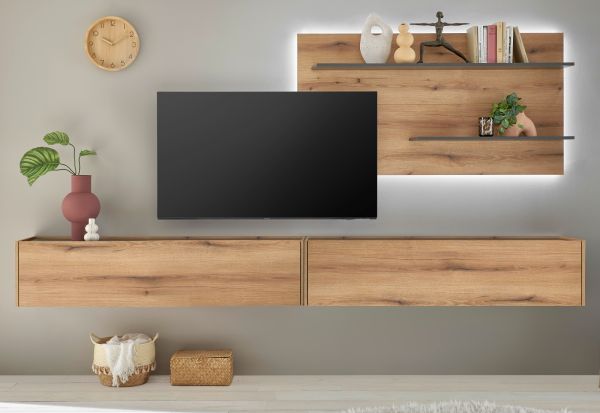 Wohnwand Center in Evoke Eiche und grau Wohnkombination Set 3-teilig 300 cm