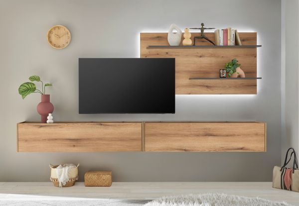 Wohnwand Center in Evoke Eiche und grau Wohnkombination Set 3-teilig 300 cm