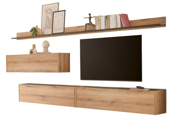 Wohnwand Center in Evoke Eiche und grau Set 5-teilig mit XXL TV-Board 340 cm