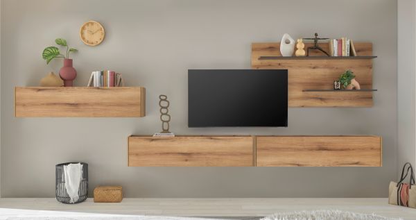 Wohnwand Center in Evoke Eiche und grau Set 4-teilig mit XXL-TV-Schrank 400 cm