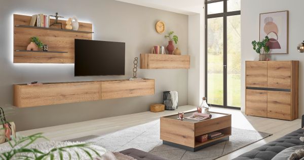 Wohnwand Center in Evoke Eiche und grau Set 4-teilig mit XXL-TV-Schrank 400 cm