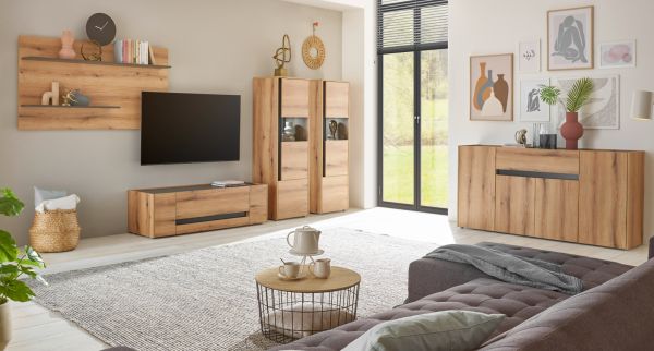 Wohnwand Center in Evoke Eiche und grau Set 4-teilig mit XXL-TV-Schrank 400 cm
