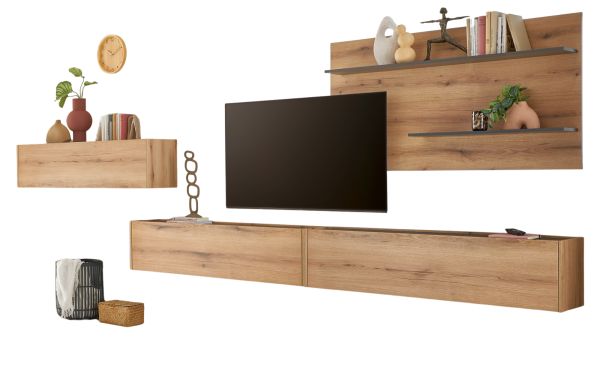 Wohnwand Center in Evoke Eiche und grau Set 4-teilig mit XXL-TV-Schrank 400 cm