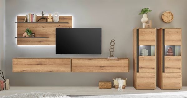 Wohnwand Center in Evoke Eiche und grau Wohnkombination Set 5-teilig mit XXL-TV-Schrank 440 cm