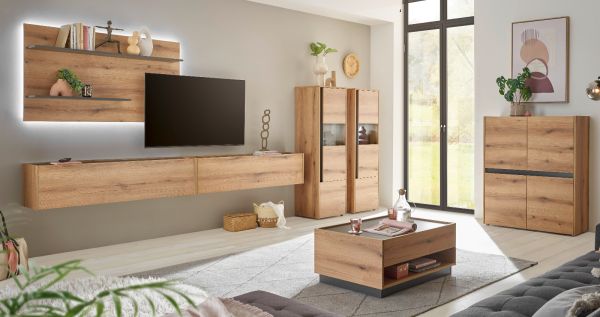 Wohnwand Center in Evoke Eiche und grau Wohnkombination Set 5-teilig mit XXL-TV-Schrank 440 cm