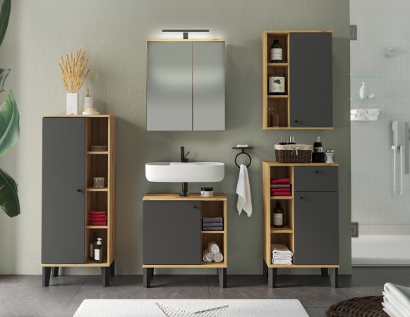 Badezimmer H�ngeschrank Torsby in grau und Evoke Eiche Badschrank h�ngend 51 x 75 cm