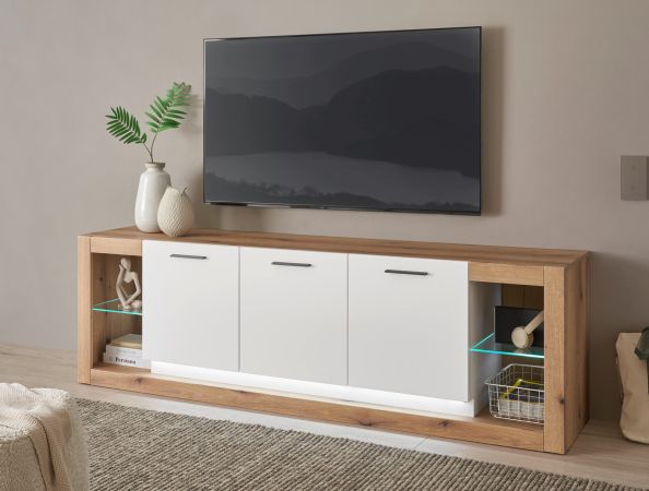 TV-Lowboard Rivian in wei� matt und Evoke Eiche TV Unterteil in Komforth�he XL-Board 198 x 61 cm