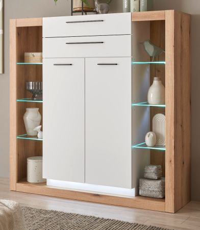 Highboard Rivian in wei� matt und Evoke Eiche Kommode 141 x 139 cm