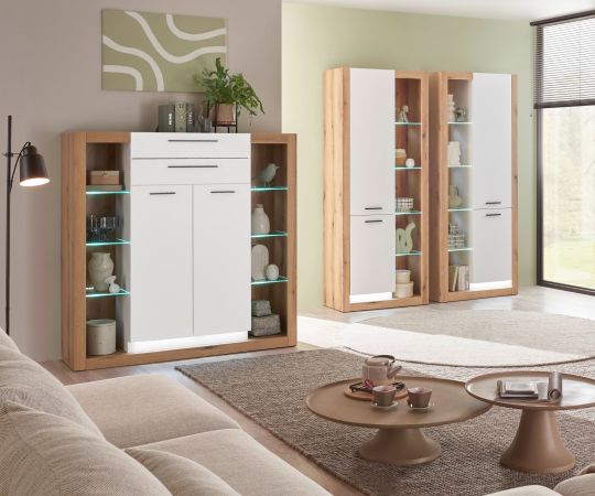 Highboard Rivian in wei� matt und Evoke Eiche Kommode 141 x 139 cm