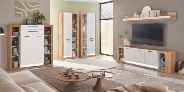 Highboard Rivian in wei� matt und Evoke Eiche Kommode 141 x 139 cm