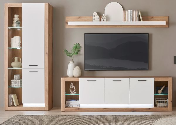 Wohnwand Rivian in wei� matt und Evoke Eiche Wohnkombination Set 3-teilig 298 cm