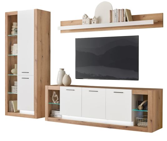 Wohnwand Rivian in wei� matt und Evoke Eiche Wohnkombination Set 3-teilig 298 cm