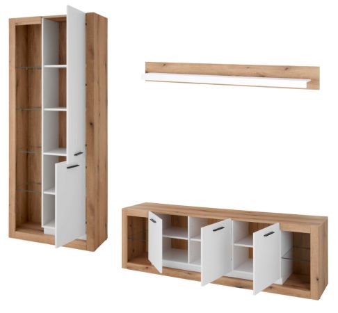 Wohnwand Rivian in wei� matt und Evoke Eiche Wohnkombination Set 3-teilig 298 cm