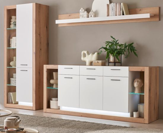Wohnwand Rivian in wei� matt und Evoke Eiche Wohnkombination Set 3-teilig 298 cm