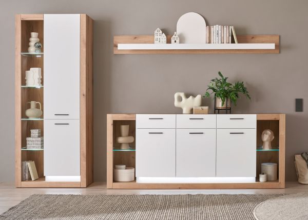 Wohnwand Rivian in wei� matt und Evoke Eiche Wohnkombination Set 3-teilig 298 cm